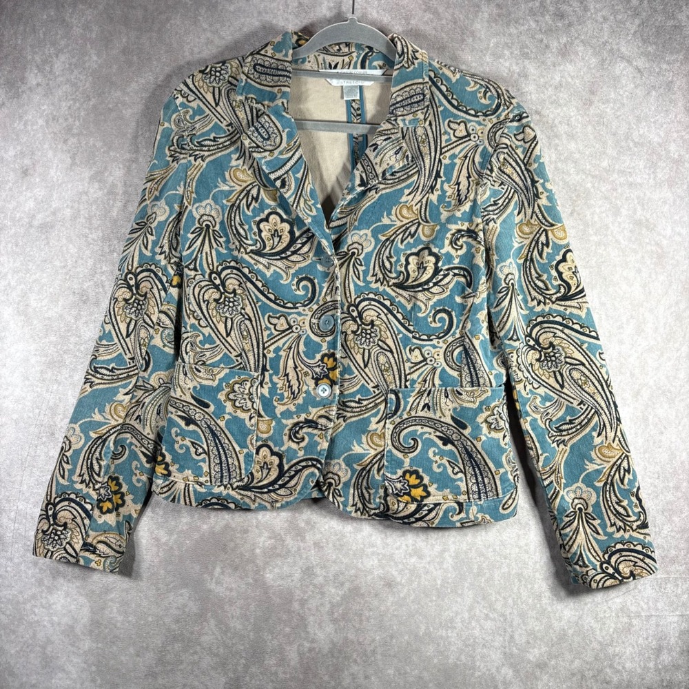 Vintage Casual Corner Annex Blazer Women Small Blue Paisley Corduroy Stretch y2k